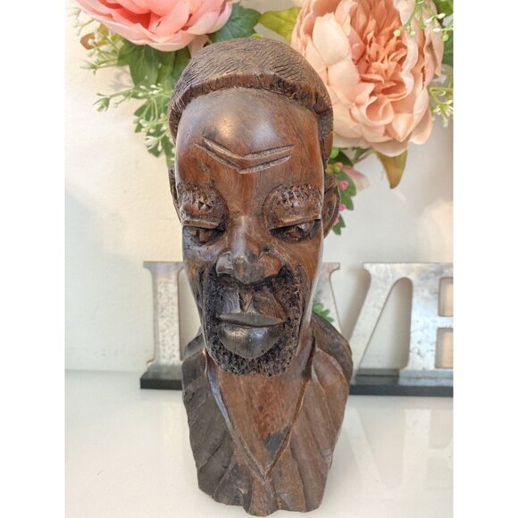 Vintage 1960s Tribal Man Hand Carved African Male Exotic Wood 8" Head Bust Stump - Picture 2 of 16